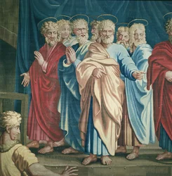 Wandteppich, der die Taten der Apostel darstellt, der Tod des Ananias, Detail des Heiligen Paulus und der Apostel, gewebt in der Beauvais-Werkstatt unter der Leitung von Philippe Behagle